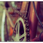 Altes Fahrrad mit dem Kurt Tucholsky Zitat: Erwarte nichts. Heute: das ist dein Leben. Kurt Tucholsky