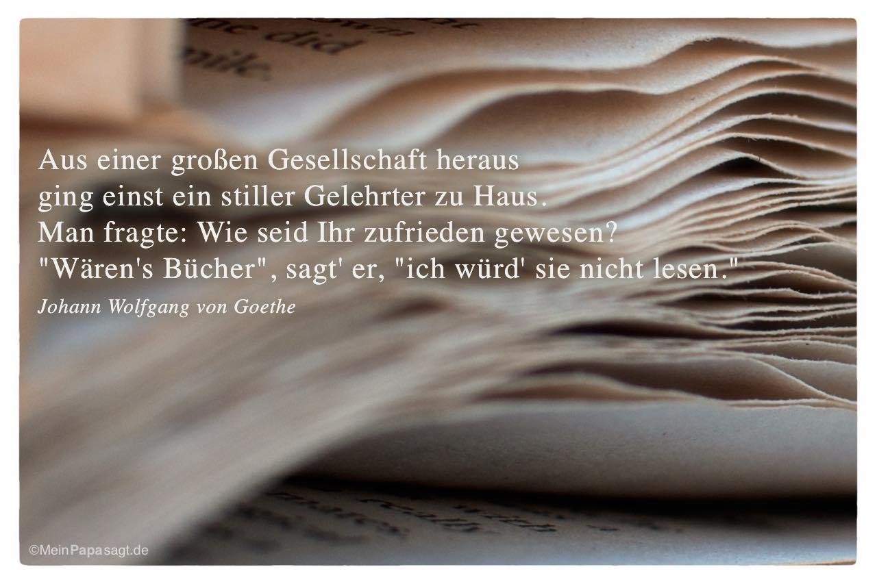 Buch mit dem  Johann Wolfgang von Goethe Zitat: Aus einer großen Gesellschaft heraus ging einst ein stiller Gelehrter zu Haus. Man fragte: Wie seid Ihr zufrieden gewesen? "Wären's Bücher", sagt' er, "ich würd' sie nicht lesen." Johann Wolfgang von Goethe