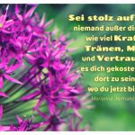 Knoblauch Blume mit dem Jermakova Zitat: Sei stolz auf dich, niemand außer dir weiß, wie viel Kraft, Tränen, Mut und Vertrauen es dich gekostet hat dort zu sein, wo du jetzt bist! Marianna Jermakova